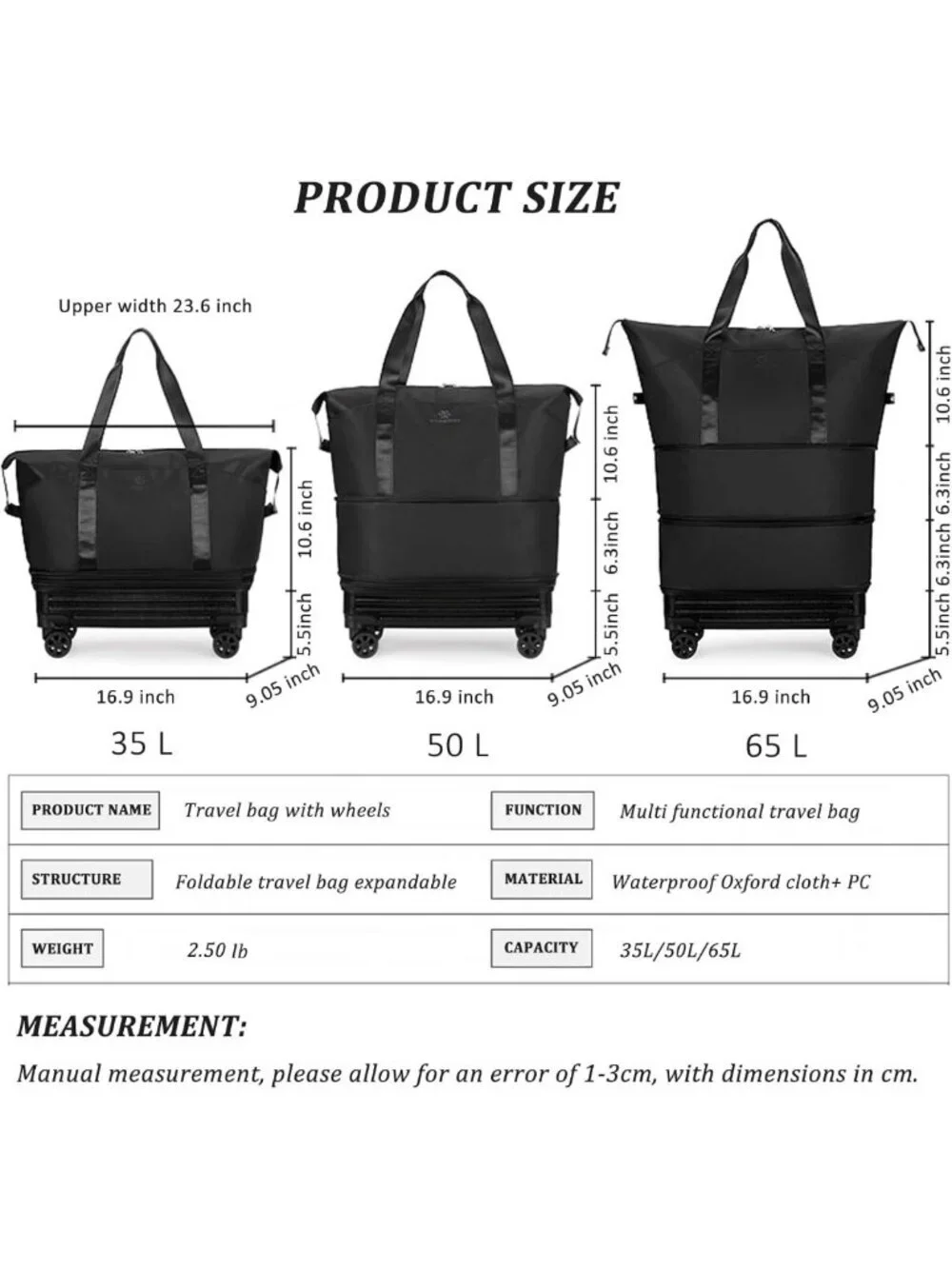 Foldable Duffle Bag with Wheels, Expandable Travel Luggage, Large Carry-On for